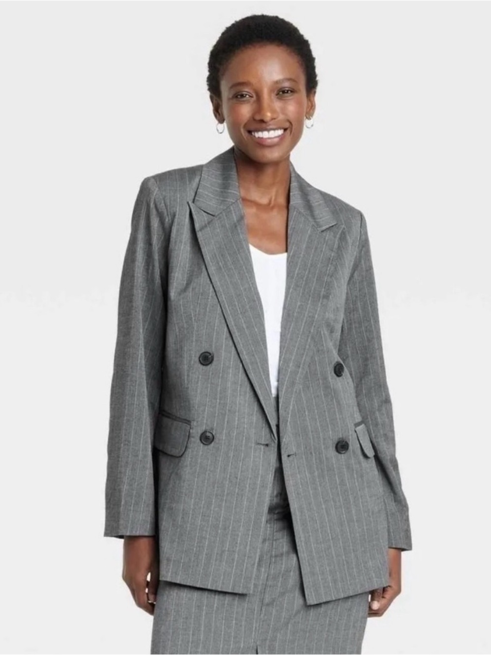 A New Day Women's Oversized Button Up Blazer Jacket, Gray Pinstripe, Large NEW